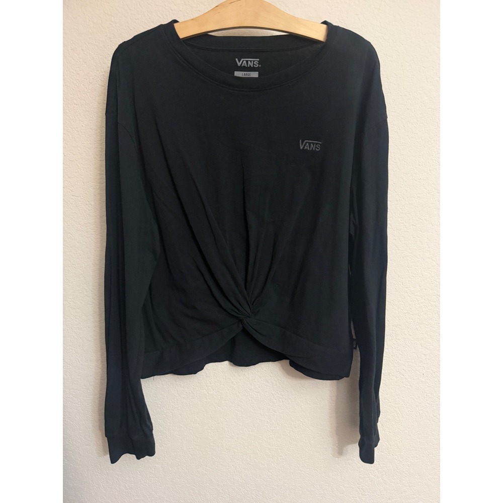 Vans Womens Black Twist Front Long Sleeve Cropped Graphic Tee Shirt Large